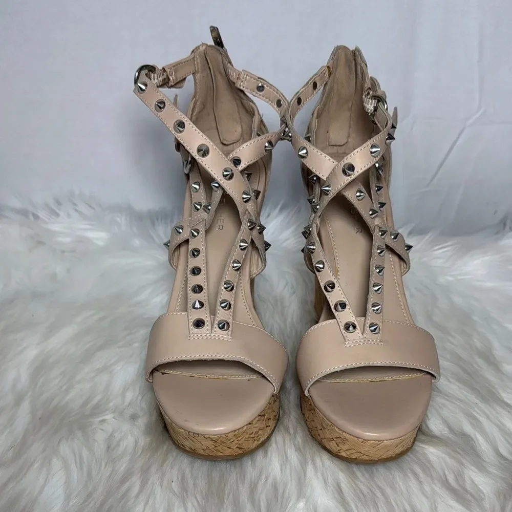 Marc‎ Fisher Studded Beige Leather Women's Stappy Wedge Sandals Sz 8